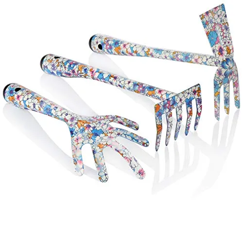 COM-FOUR® 3-teiliges Pflanzwerkzeug aus Metall - Garten-Werkzeug Set - Doppelhacke, Grubber und Blumen-Rechen in bunt für Garten und Balkon (3-teilig - blau/bunt)