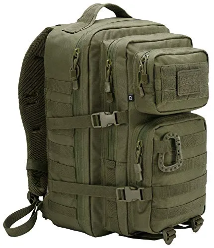 Brandit US Assault Rucksack Olive Large - Taktischer Rucksack für Reisen, Camping und Trekking mit 3 Hauptfächern, belüfteten Schultergurten und Molle-System für zusätzliche Taschen. Strapazierfähiges 600D Polyester für höchste Haltbarkeit.