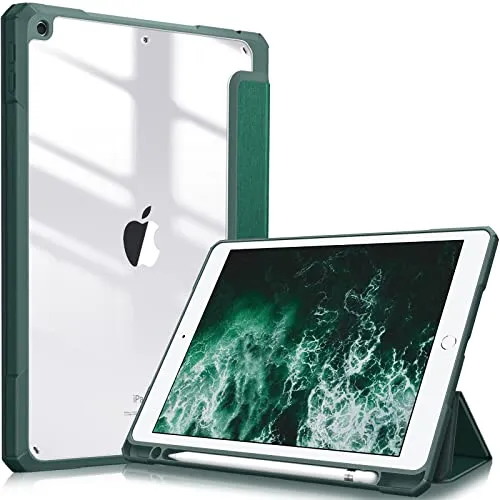 Fintie Hybrid Hülle für 10.2 Zoll iPad 9. Generation 2021/8. Gen 2020/7. Gen 2019 mit Stifthalter - Stoßfeste Schutzhülle mit transparenter Hartschale auf der Rückseite, Satinoptik Grün