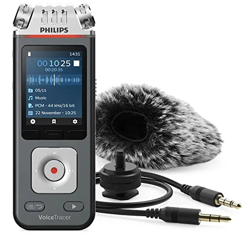 Philips DVT7110 Vlogging Audiorecorder - Digitales Diktiergerät mit Hot-Shoe-Halterung, 96 kHz 24-bits, 8GB Speicher und Smartphone-App Steuerung für professionelle Aufnahmen
