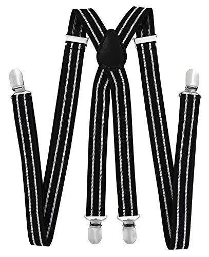 axy Hochwertige Herren Hosenträger breit 25mm mit 4 Starken Clips X-Form und Damen (Schwarz mit 2 Weiß Streifen)