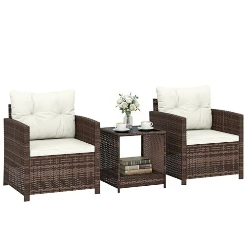 Rattan Bistroset 3-teilig mit 2 Sesseln und Glastisch - Modernes Gartenmöbel-Set für 2 Personen, aus robustem PE-Rattan und Stahl, ideal für entspannte Stunden im Freien. Inklusive bequemer Sitzkissen für zusätzlichen Komfort.