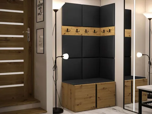Mirjan24 Garderoben-Set Eiche Artisan Schwarz, 84x186 cm - Stilvolles Garderoben-Set aus Holzwerkstoff mit 6 Kleiderhaken, ideal für den praktischen Einsatz. Maße: 84x186x46 cm, inklusive gepolstertem Wandpaneel für eine ansprechende Optik.