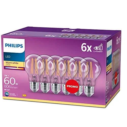 Philips LEDclassic 60W E27 6-er Pack - Leuchtmittel mit warmweißem Licht (2700 K), ideal für sichtbare Leuchten, 90% Energieeinsparung und bis zu 15 Jahre Lebensdauer, sorgt für Augenkomfort.