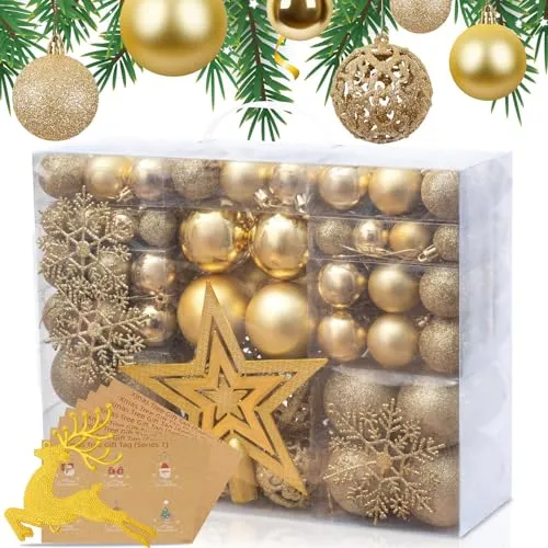 Votoko Weihnachtskugeln 141 Teiliges Set, Christbaumkugeln Kunststoff Set enthält 127 Weihnachtsbaumkugeln, Matt, Glänzend, Glitzernd, Ausstanzung, Weihnachtsschmuck Deko für Drinnen & Draußen (Gold)
