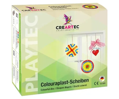 Artidee CREARTEC Colouraplast Scheiben Set – Kunststoffgranulat zum Schmelzen für Fensterbilder & Dekoration – mit 6 Farben, Schmelzformen & Herz-Drahtformen – witterungsbeständig - Made in Germany