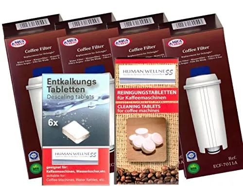 Pflegeset 4 x AQK-11 - Wasserfilter kompatibel mit DeLonghi Kaffeemaschine - ersetzt DLS C002 / SER3017 / 5513292811 für ECAM ETAM ESAM + 10 Reinigungstabs + Entkalkertabs