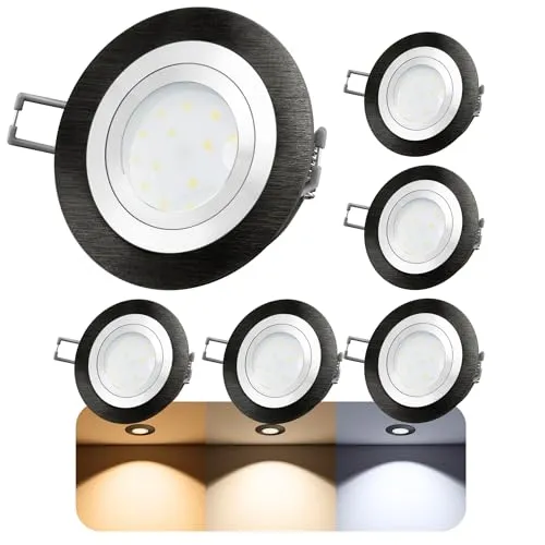 RF-2 LED Einbaustrahler flach & rund - 6er Set in Alu schwarz mit wechselbarem LED 4W 230V - Die RF-2 LED Einbaustrahler überzeugen durch ihr edles, schwenkbares Design und die flexible Lichtwahl in drei Farben. Ideal für Wohnräume, Büros und Praxen – einfach zu montieren und perfekt für individuelle Lichtakzente!