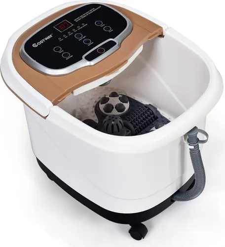 GOPLUS Fußbad Massagegerät auf Rollen, Elektrisches Fußmassagegerät mit Massagefunktion & verstellbarer Dusche, Abnehmbarer Massageplatte, Fußbadewanne 10-60min (Braun)