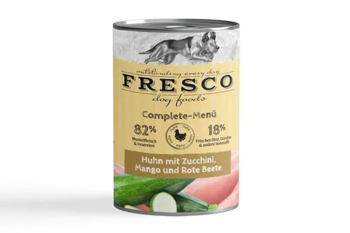 FRESCO-Complete-Menü Huhn mit Zucchini, Mango und Rote Beete - Nassfutter für Hunde, hergestellt in Deutschland. Enthält hochwertiges Huhn für eine ausgewogene Ernährung und gesunde Vitalität.
