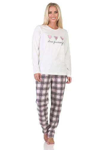 Normann Damen Schlafanzug mit Karierter Pyjama-Hose - Übergrößen verfügbar - Eleganter Langarm-Damen-Pyjama aus softem Jersey mit karierter Hose. Ideal für entspannte Tage und Nächte. In Übergrößen erhältlich, vereint Komfort und Stil für jede Frau.