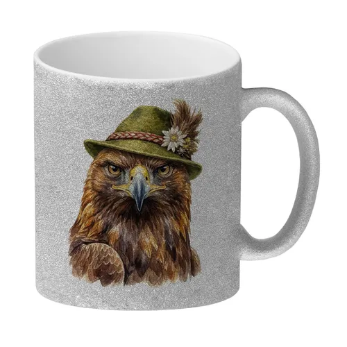 Steinadler mit alpenländischem Trachtenhut Glitzer-Kaffeebecher