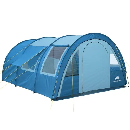 CampFeuer Zelt Multi für 4 Personen | Blau/Hellbau - Geräumiges Tunnelzelt mit 5000 mm Wassersäule, ideal für Familien- und Gruppencamping. Atmungsaktive Schlafkabine und praktischer Vorraum für entspannten Outdoor-Urlaub.