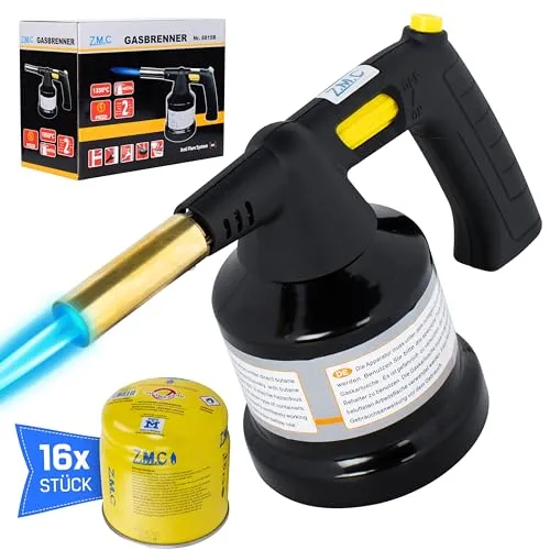 Z.M.C Gasbrenner 1,3 kW + 16 Gaskartuschen 190g, Schweißbrenner Flambierbrenner bis zu 1350°C, Bunsenbrenner Lötbrenner Brenneraufsatz, Küchenbrenner mit einstellbare Flamme, mit Piezo-Zündung
