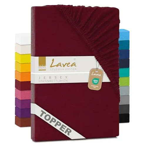 Lavea® Jersey Topper Spannbettlaken, Spannbetttuch, Serie Maya, 100% Baumwolle, hochwertige Verarbeitung, mit Gummizug und OekoTex100 180x200cm | 200x200cm, Bordeaux