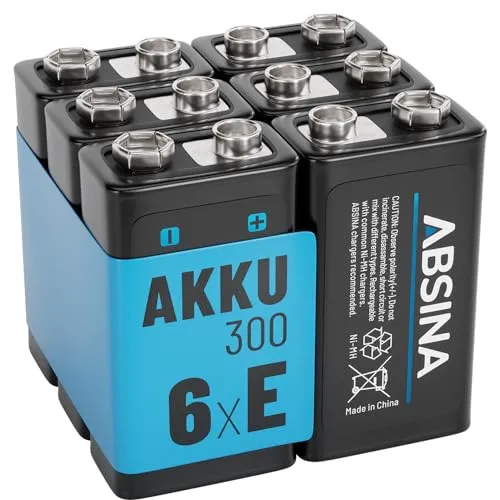 ABSINA 9V Blockakku 300 mAh wiederaufladbar - Akkus für hohe Strombedarfe, ideal für Rauchmelder und Messgeräte. Hohe Zyklenfestigkeit bis 1500 Mal, umweltfreundlich und langlebig.