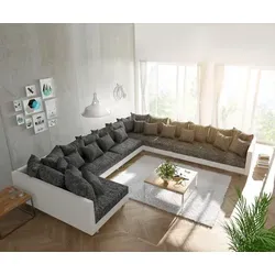 DELIFE Wohnlandschaft Clovis XXL - Flexibles Ecksofa in Weiß Schwarz - Ecksofa in großzügiger XXL-Ausführung, modular erweiterbar für individuelle Stellmöglichkeiten und höchsten Komfort. Ideal für eine gemütliche Wohnatmosphäre mit 32 Kissen.