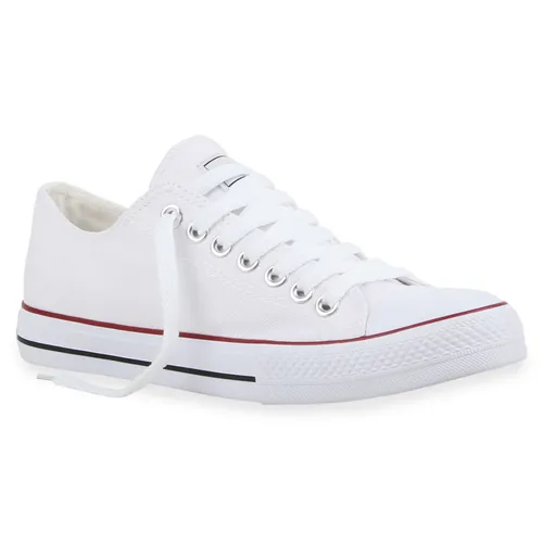 Mytrendshoe Herren Sneakers Sportschuhe Stoffschuhe Schnürer 94238, Farbe: Weiß Rotstreifen Lucky, Größe: 36