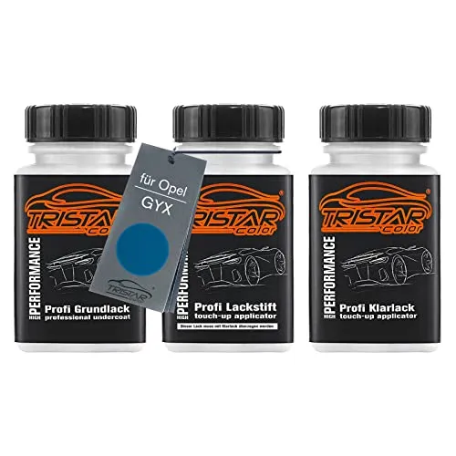 TRISTARcolor Autolack Lackstift Set für Opel GYX Vertigo Blau Metallic Grundlack Basislack Klarlack je 50ml