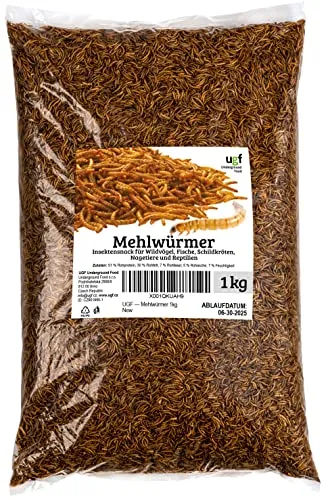 UGF - Premium Mehlwürmer 6,5 Liter - 1kg, Insektensnack für Vögel, Hamster, Igel, Nagetiere, Eidechsen, Schildkröten - Universalfutter