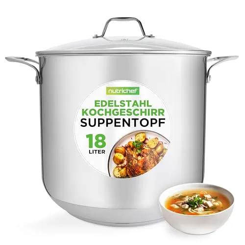 NutriChef 18L Suppentopf - Großer Edelstahl Kochtopf für alle Herdarten - Vielseitiger 18L Kochtopf aus hochwertigem Edelstahl, ideal für große Portionen Suppen und Eintöpfe. Er bietet gleichmäßige Wärmeverteilung und ist spülmaschinenfest für einfache Reinigung.