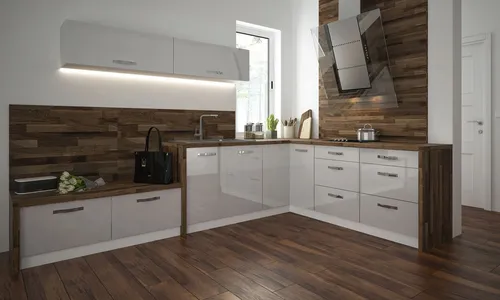 L-Form Küchenzeile ESSEN 290x210cm - Hochglanz Weiß - Einbauküche in modernem Design mit 8 Schubladen, Soft-Close-Türen und formschönen Metallgriffen. Ideal für stilvolle Küchen mit viel Stauraum.