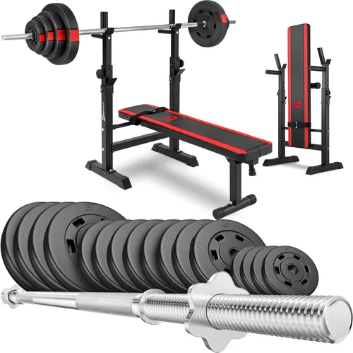 Hop-Sport Hantelbank Kraftstation HS-1080 mit 99 KG Hantelset Langhantel Gewichte 4x 10 kg, 8x 5 kg, 4x 2,5 kg