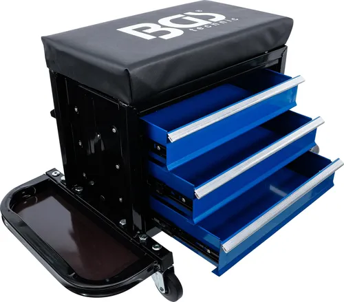 BGS 2859 Werkstatt-Rollsitz mit 3 Schubladen - Robuster, fahrbarer Werkstatt-Rollsitz mit 3 Schubladen und abwaschbarem Polsterbezug. Perfekt zur Aufbewahrung von Werkzeugen, belastbar bis 150 kg.