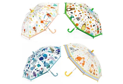 DJECO Regenschirm Meer DD04727 - Stockschirm mit flexibler Fiberglas-Konstruktion und manuellem Öffnungssystem. Transparentes Design für gute Sicht und sicherer Schutz vor Einklemmen. Ideal für Kinder mit einem Durchmesser von 55 cm.