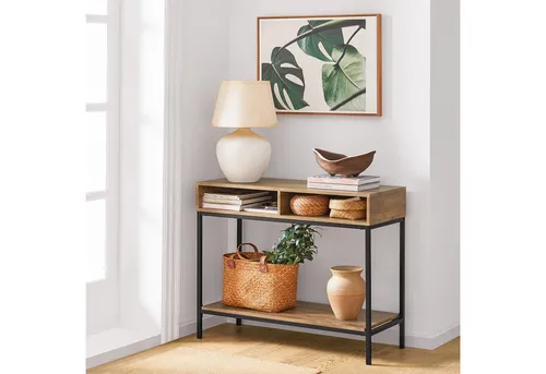 SoBuy Konsolentisch FSB41 - Schmaler Beistelltisch für Flur und Wohnzimmer - Drohnen - Moderner Konsolentisch mit 2 offenen Fächern und 1 Einlegeboden, ideal für platzsparende Dekoration und Organisation.