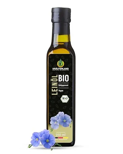 Kräuterland Bio Leinöl 250ml, Bio Leinsamen, kaltgepresst, mild & nussig, reich an Lignane und Omega 3-6-9 Fettsäuren, naturrein ohne Zusatzstoffe, glasflasche, mühlenfrisch