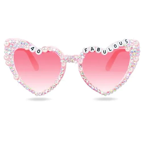 Topfunyy Brille zum 40. Geburtstag für Frauen – Rosa 40 & Fabulous glänzende Diamant-Perlen-Sonnenbrille für Frauen, Partyzubehör zum 40. Geburtstag