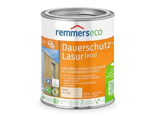 Remmers Dauerschutz-Lasur [eco] weiß, 0,75 Liter, Langlebig, ausgeprägter UV-Schutz, für innen und außen, Schutz vor UV-Strahlung & Feuchtigkeit