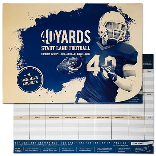 40YARDS Stadt Land Football: Lustiges American Football Quiz (DIN A4 Block; 50 Blatt) Ratespiel für Football Fans - Stadt Land Fluss Football Spiel für die Football Bowl Party oder Geschenk