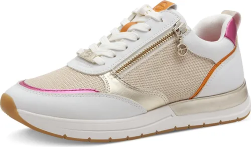 Tamaris Damen Klassische Ballerinas - Damen-Ballerinas mit TOUCHit-Fußbett für höchsten Komfort, klassisch elegant in White/LT.Gold, ideal für den Alltag.