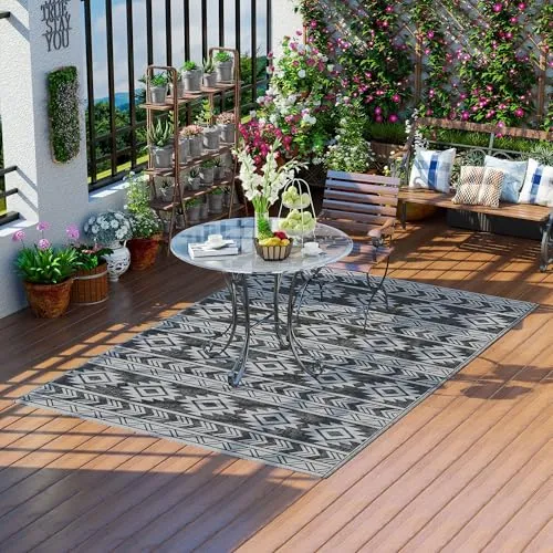 Outsunny Outdoor-Teppich - 182x274 cm, Schwarz+Grau - Doppelseitiger, wetterfester Teppich für Terrasse, Wohnmobil oder Pavillon. Robust und dekorativ, verleiht jedem Raum eine stilvolle Atmosphäre.