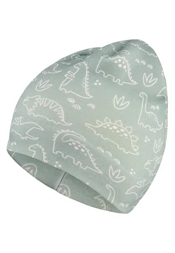 Sterntaler Beanie aus Sweat mit Flauschiger Rückseite und Saurier-Print – Jungen – weich und pflegeleicht – Mütze für Baby und Kinder, steingrün, Größe 47