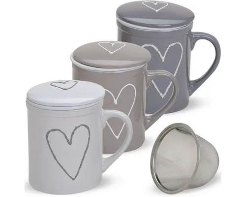 matches21 HOME & HOBBY Tasse Teetassen 2er Set mit Deckel und Teesieb Landhaus-Stil Herzen, 6-tlg., Porzellan, Tee Kaffee-Becher Kaffeetassen, klassisch, grau weiss, 300 ml