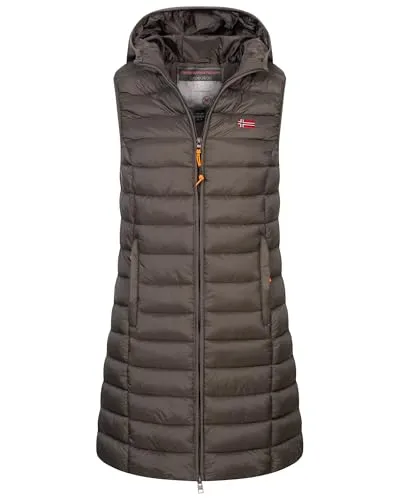 Geographical Norway Damen Stepp weste Kapuze Übergangs Herbst Winter Windbreaker Lang, Farbe:KAKI, Größe:XL (42)