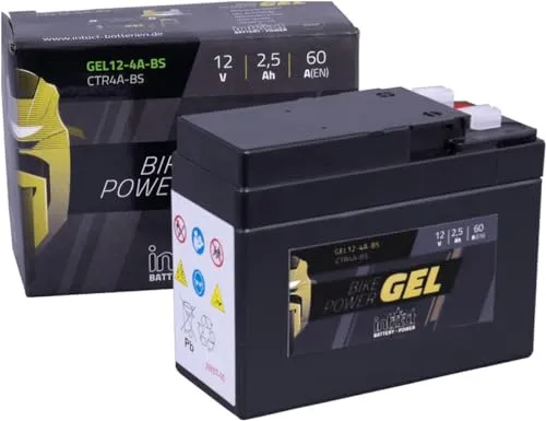 intAct - GEL MOTORRADBATTERIE Bike-Power GEL12-4A-BS. Ersetzt YTR4A-BS. Motorradbatterie 12V 2,5Ah 60A. Maße: 113x48x85mm. Mit bis zu 30% mehr Startleistung.
