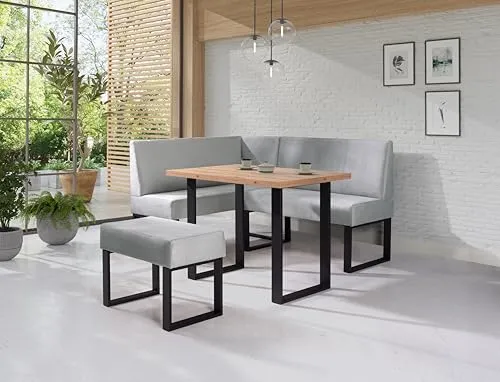 JKG Meble Esszimmermöbelgarnitur Berlin - Eckbank mit Esstisch und Esszimmerstühle - Modern Sitzecke Küche - Stoff Velours - gepolsterte Rückenlehne - Grau - Links - Monolith 84-130 x 170 cm
