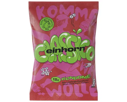 einhorn Kondome CLASSICO (54mm Breite + Comfort-Form) Packung mit, 13 St., Fairstainability Kondome - kreativ, umweltbewusst & fair gehandelt, vegane Kondome in der Chipstüte