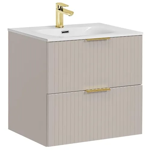 Lomadox Waschtisch ADELAIDE-56-CASHMERE mit Keramikbecken - Eleganter Waschtisch in Kaschmir mit gerillter Front und Softclose-Auszügen. Ideal für moderne Badezimmer, vereint Design und Funktionalität.