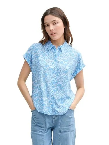 TOM TAILOR Denim Damen Kurzarm-Bluse mit Muster - Blusen & Tuniken für Damen, gemusterte Kurzarm-Bluse aus nachhaltiger Viskose für hohen Tragekomfort und weiche Haptik.