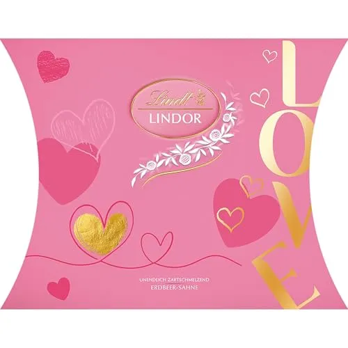 Lindt Lindor Erdbeer Sahne Kissenpackung 162g – Süße Valentinstagsüberraschung - Die Lindt Lindor Erdbeer Sahne Kissenpackung 162g vereint zartschmelzende weiße Schokolade mit einer fruchtigen Erdbeer-Sahne-Füllung. Ideal als romantisches Geschenk für den Valentinstag!