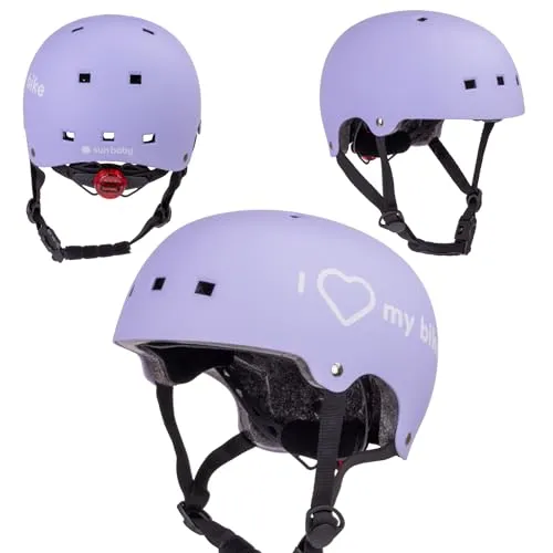 sun baby Fahrradhelm für Kinder, Größe S (50-54 cm), Kinderhelm mit LED Licht, Gurtverstellung, Kinnschutz, Magnetverschluss, Belüftungsöffnungen (Violett)