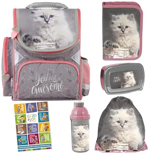Goldkids Schulranzen Set - 6-teilig mit Katze Motiv für Jungen und Mädchen - Schultaschen-Set mit Rucksack, Federmäppchen und Turnbeutel. Ergonomischer Rucksack mit verstellbaren Gurten und viel Stauraum für eine gesunde Haltung.
