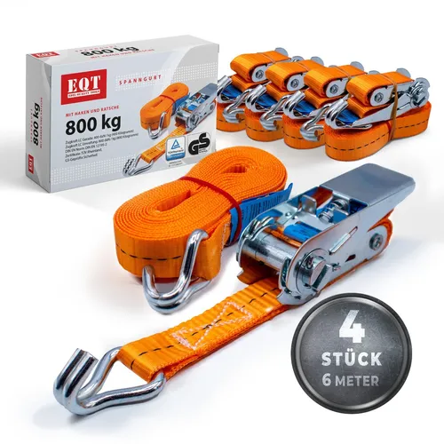 EQT 4 Stück 800kg 6m Spanngurte mit Ratsche und Haken zweiteilig DIN EN 12195-2