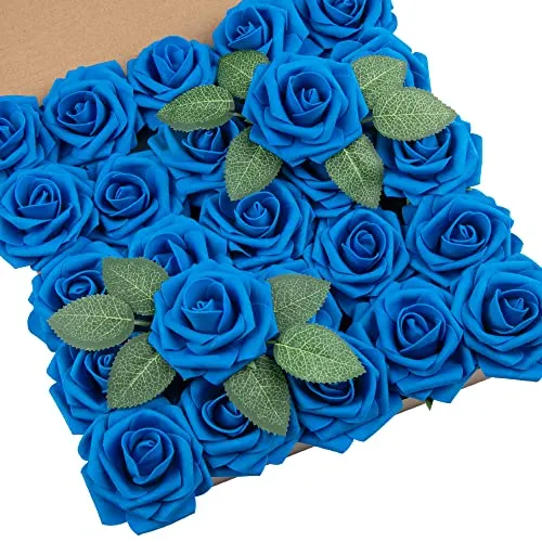 DuHouse Künstliche Rosen Blumen Fake Schaumstoff Rosen Köpfe mit Stiel Künstliche Blumen Rose für Hochzeit Home Party Baby Dusche Valentinstag Deko(25 Stück,Königsblau)