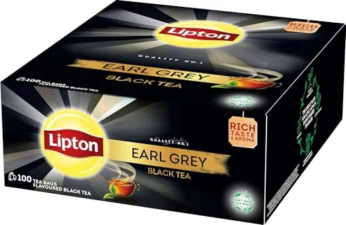 Lipton Earl Grey Tee, 100 Teebeutel - Schwarzer Tee mit reichhaltigem Geschmack und Aroma, Rainforest-Alliance zertifiziert, ideal für Teeliebhaber, die Nachhaltigkeit schätzen.